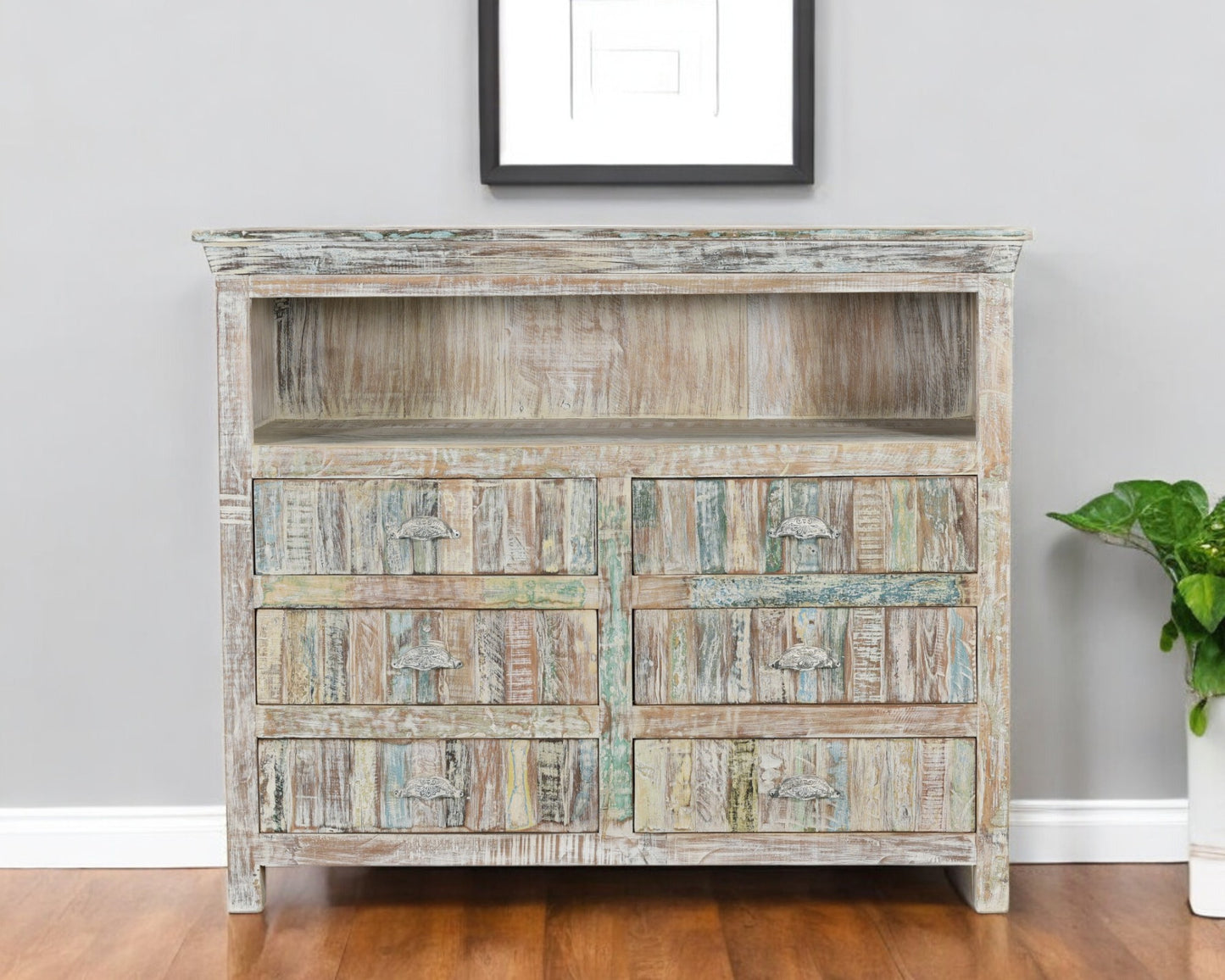 White Distressed Reclaimed Wood Open & Media Console