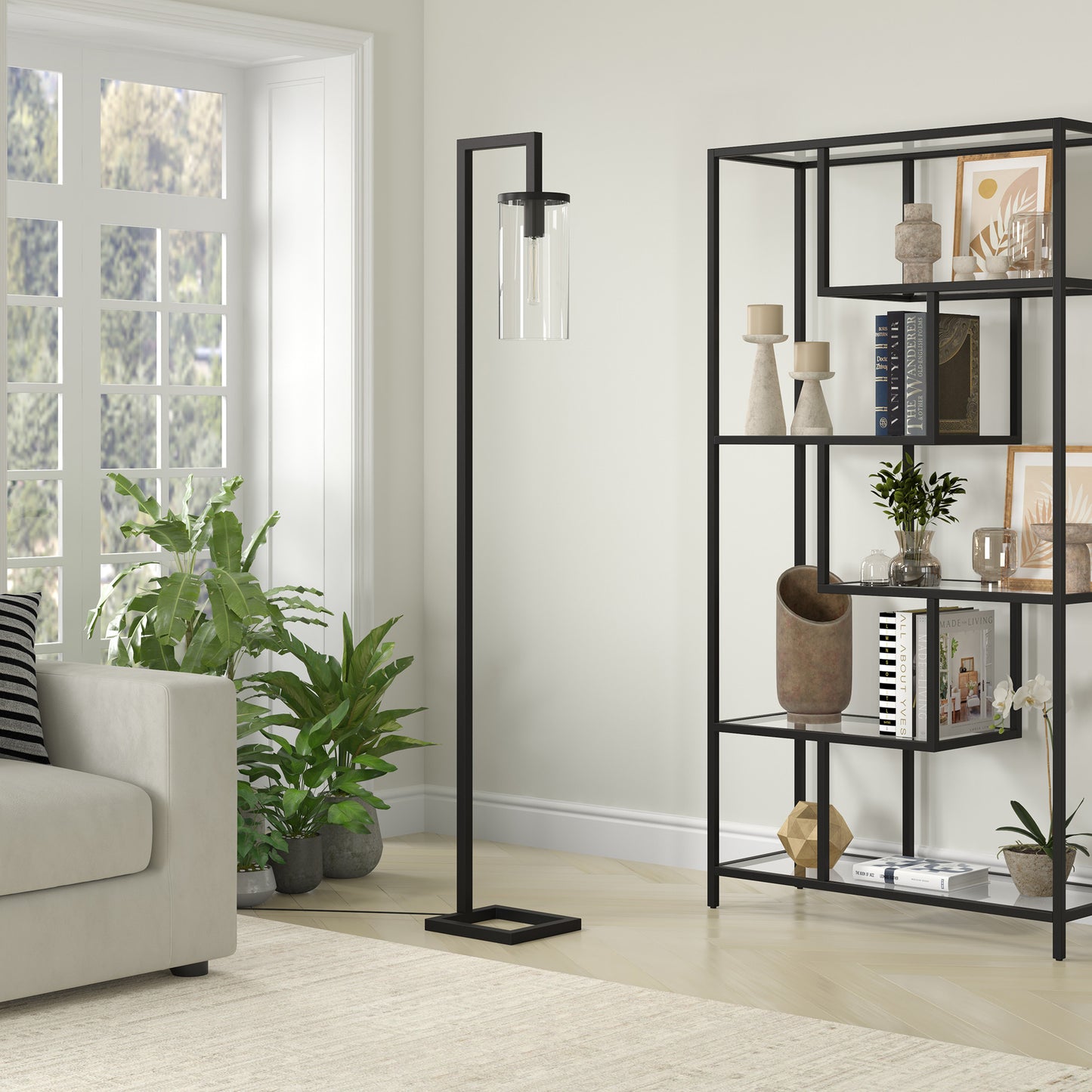 Black Reading Floor Lamp w/ Clear Glass Shade