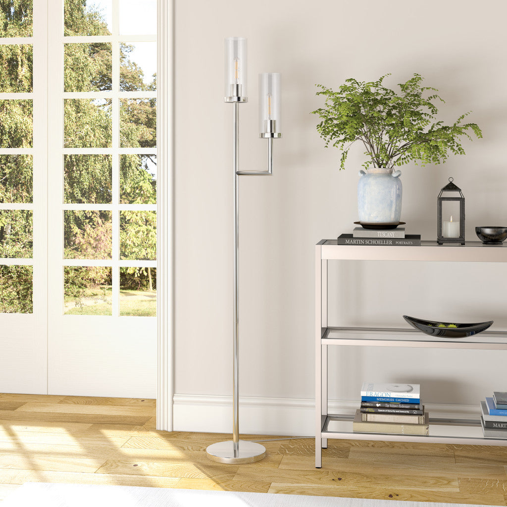 Nickel 2-Light Torchiere Floor Lamp w/ Clear Glass Shade