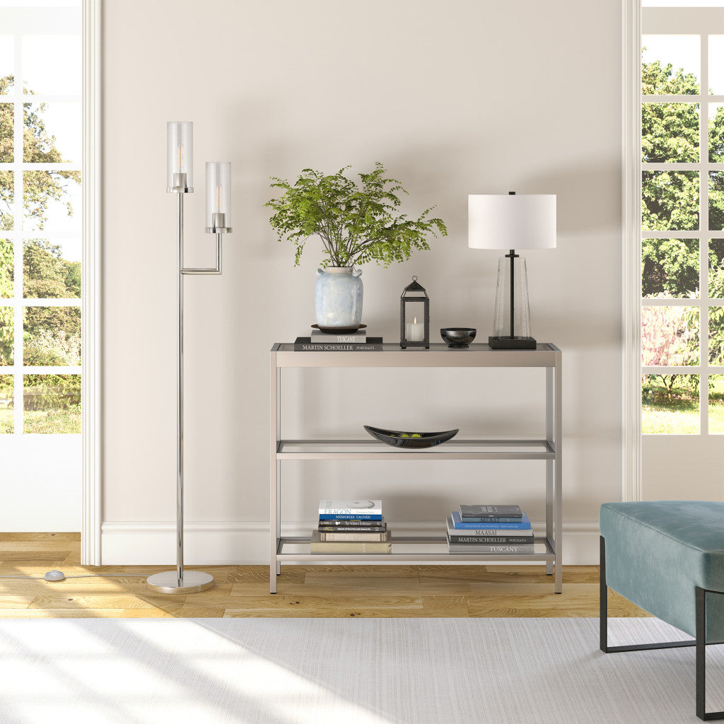Nickel 2-Light Torchiere Floor Lamp w/ Clear Glass Shade