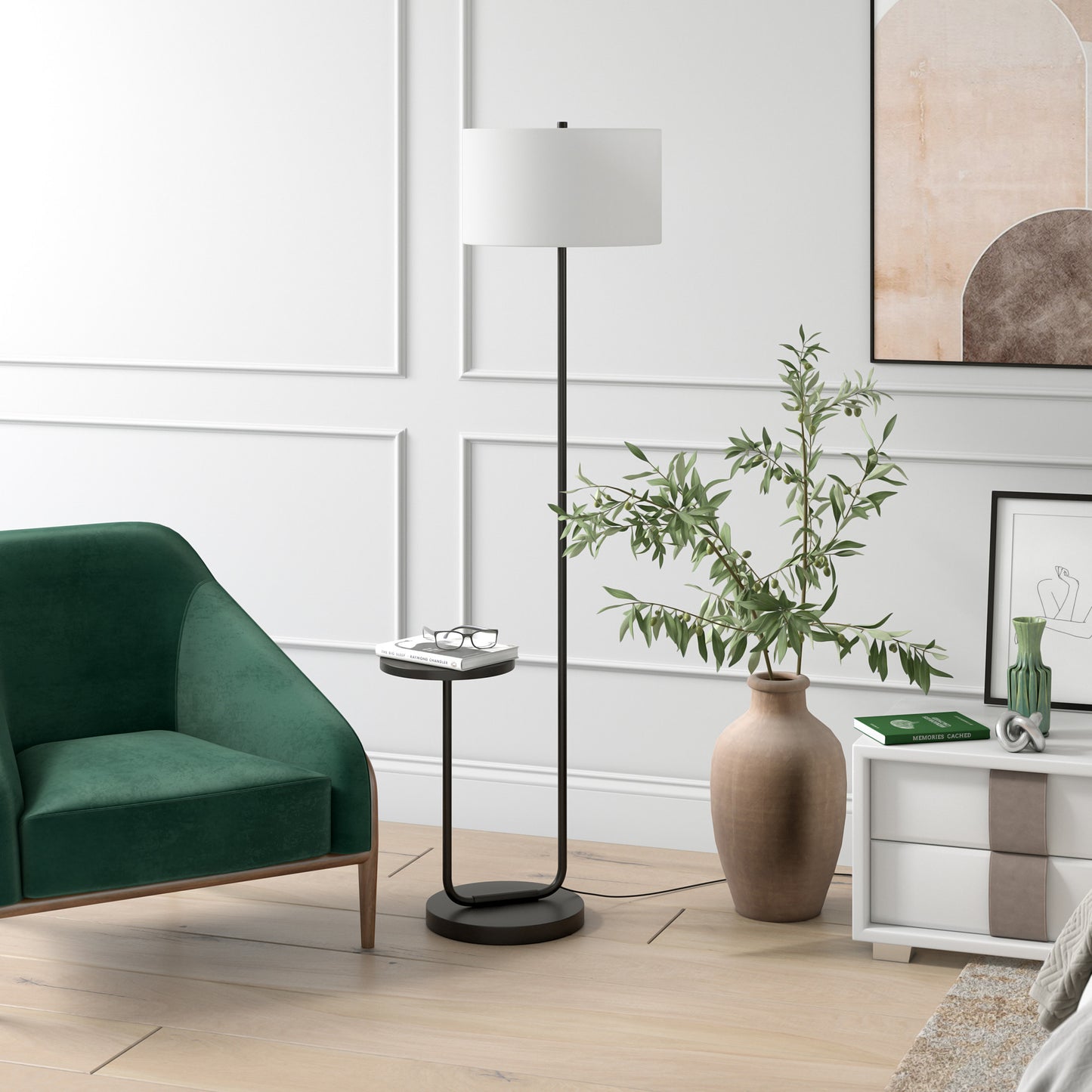 Black Tray Table Floor Lamp w/ White Frosted Glass Shade