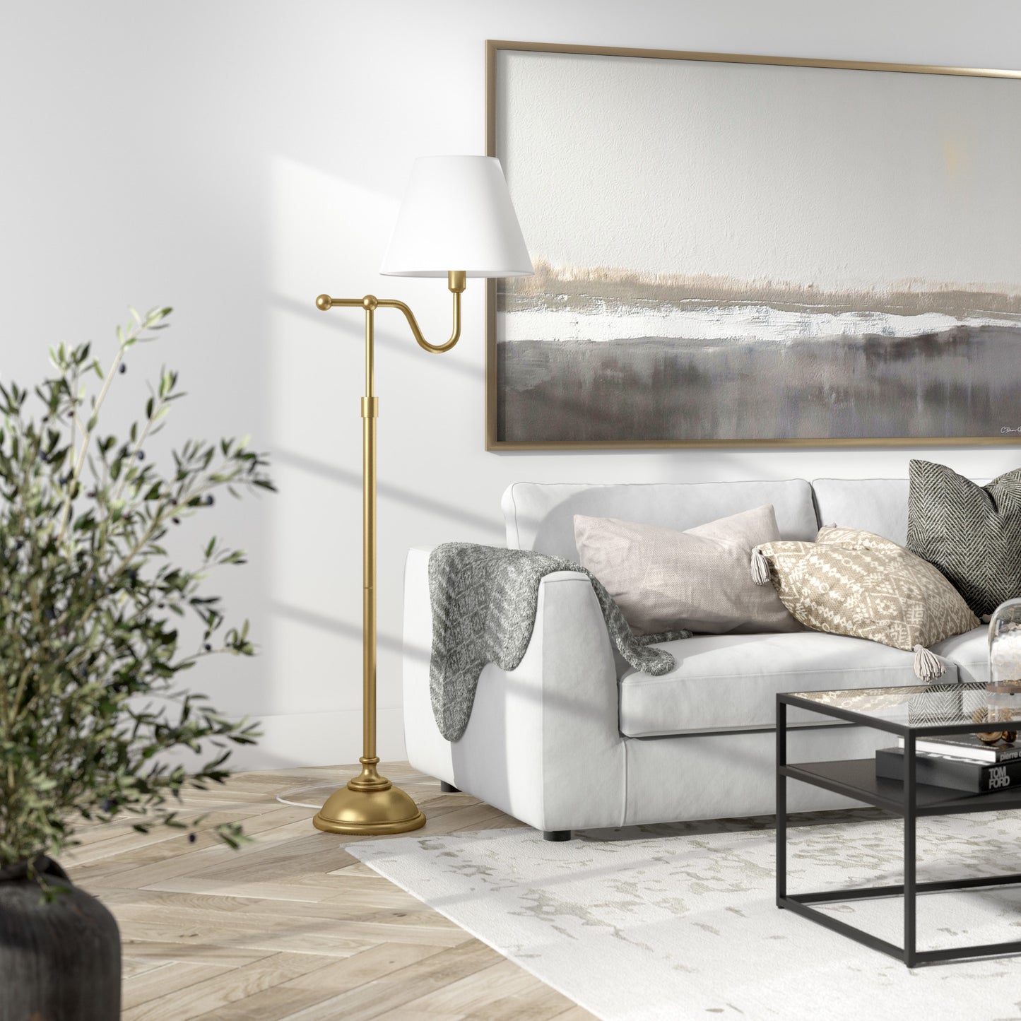 Brass Swing Arm Floor Lamp w/ Shade