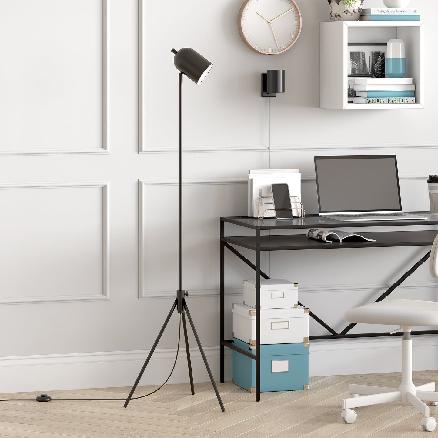 Black Adjustable Tripod Floor Lamp w/ Black Shade