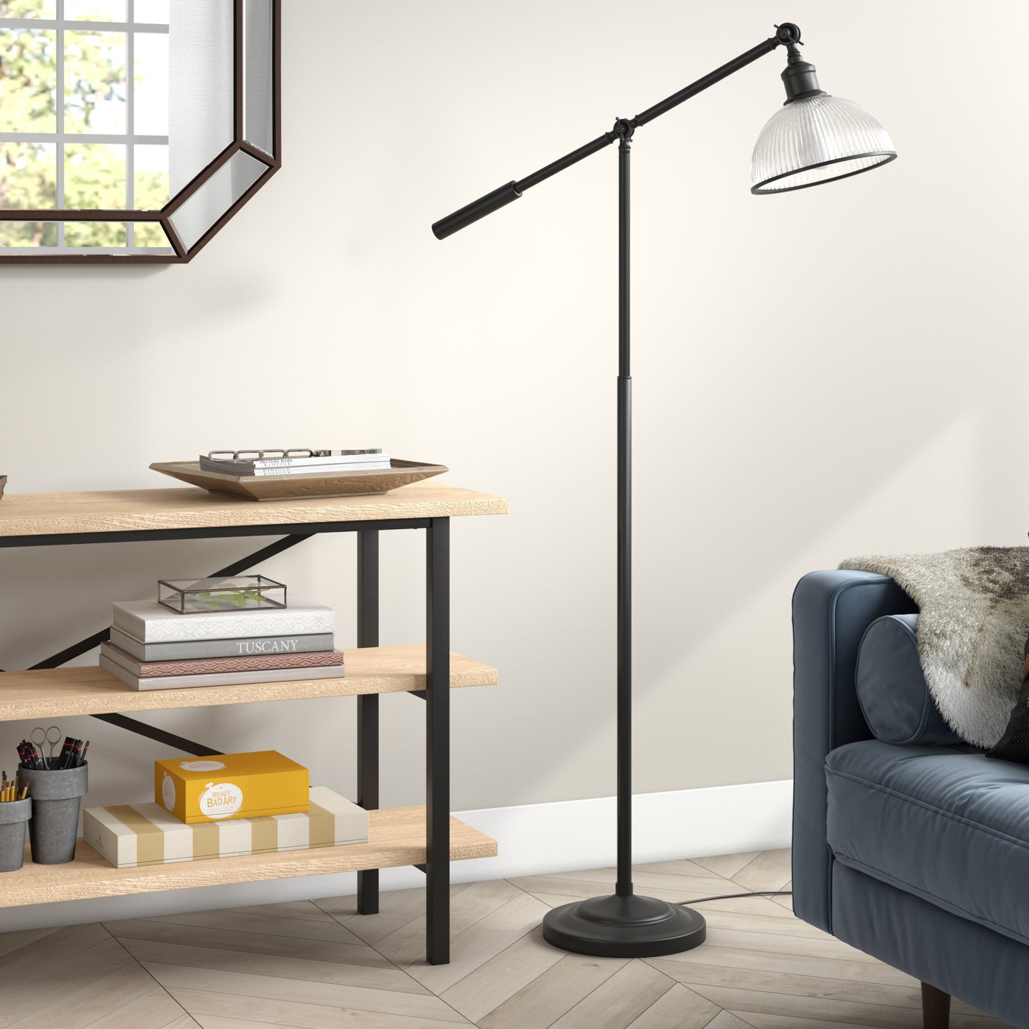 Black Swing Arm Floor Lamp w/ Clear Glass Shade