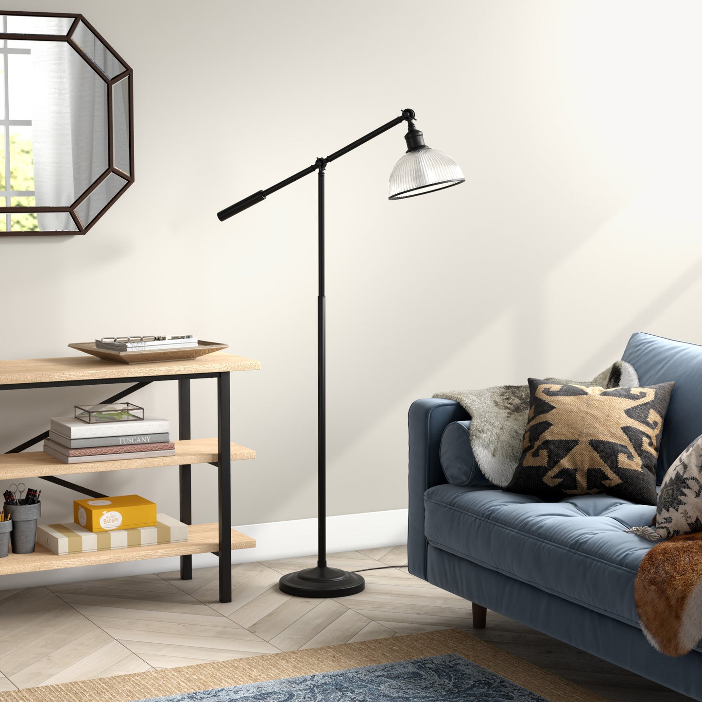 Black Swing Arm Floor Lamp w/ Clear Glass Shade