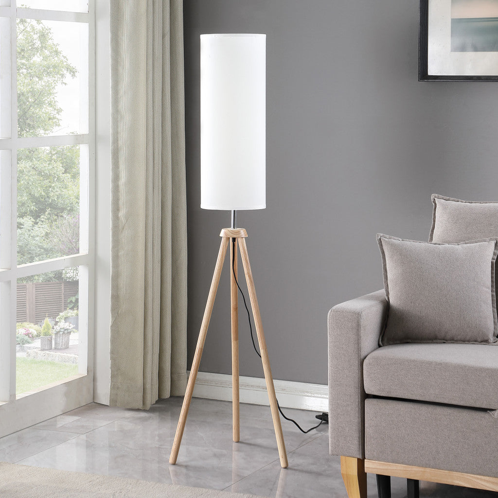 Natural Wood Look Tripod Floor Lamp w/ Shade