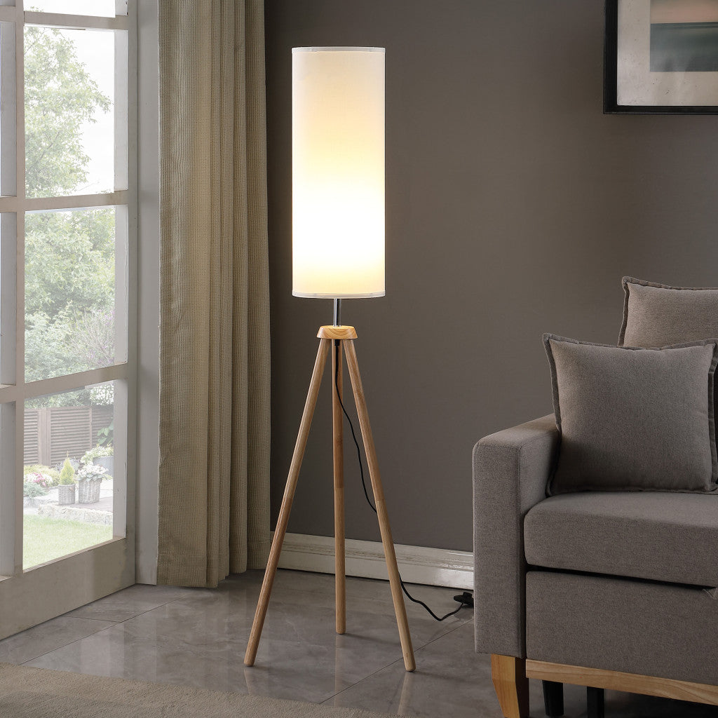 Natural Wood Look Tripod Floor Lamp w/ Shade