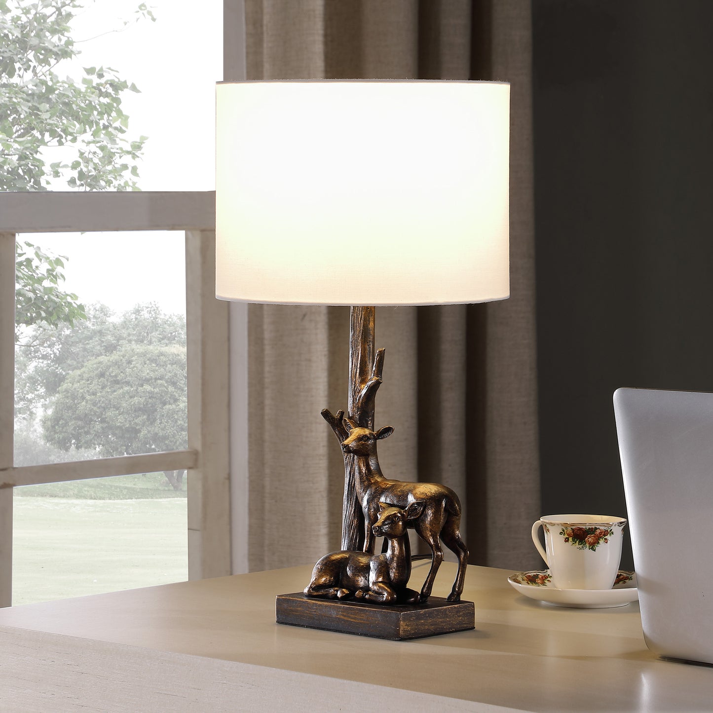 Bronze Mom & Baby Deer Table Lamp w/ Shade