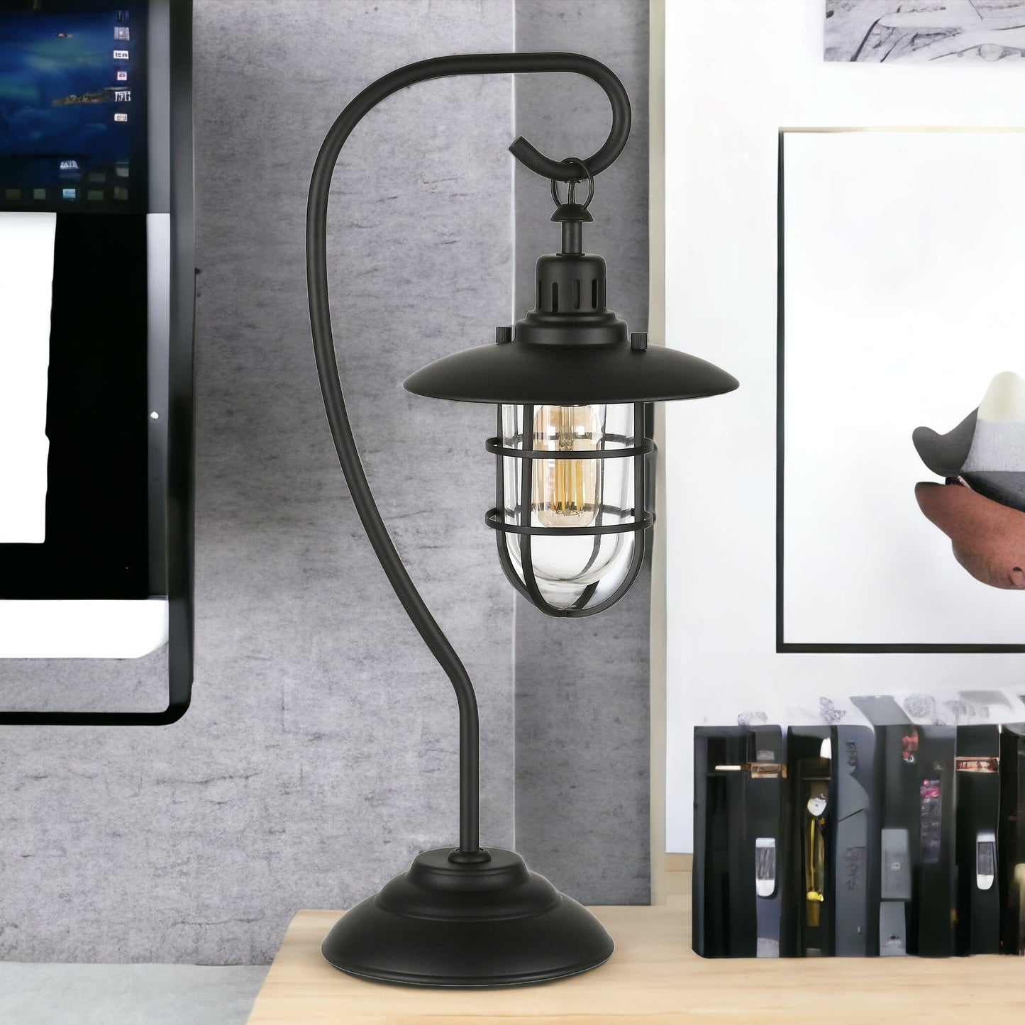 Black Table Lamp w/ Black Cage Shade