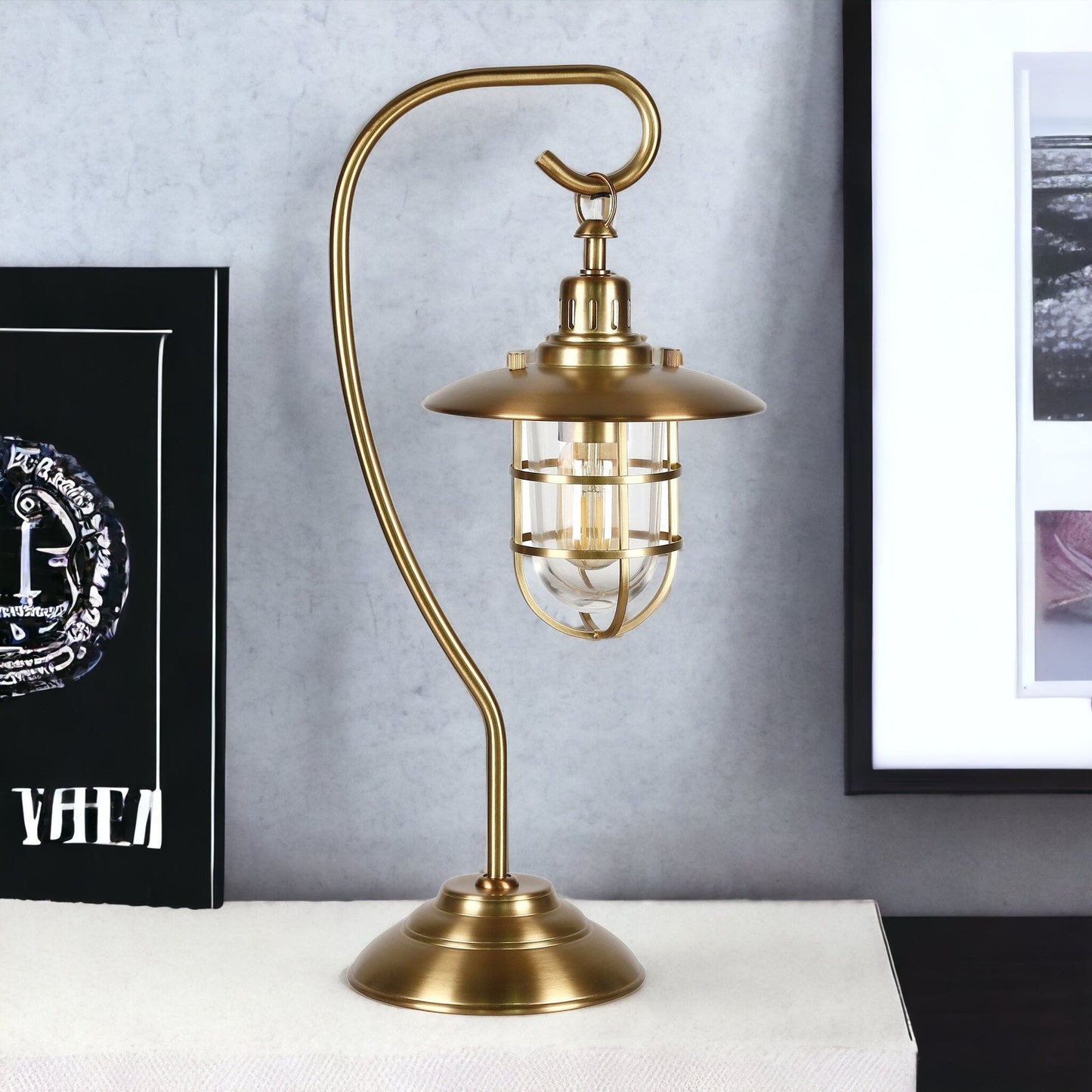 Antiqued Brass Table Lamp w/ Brass Cage Shade