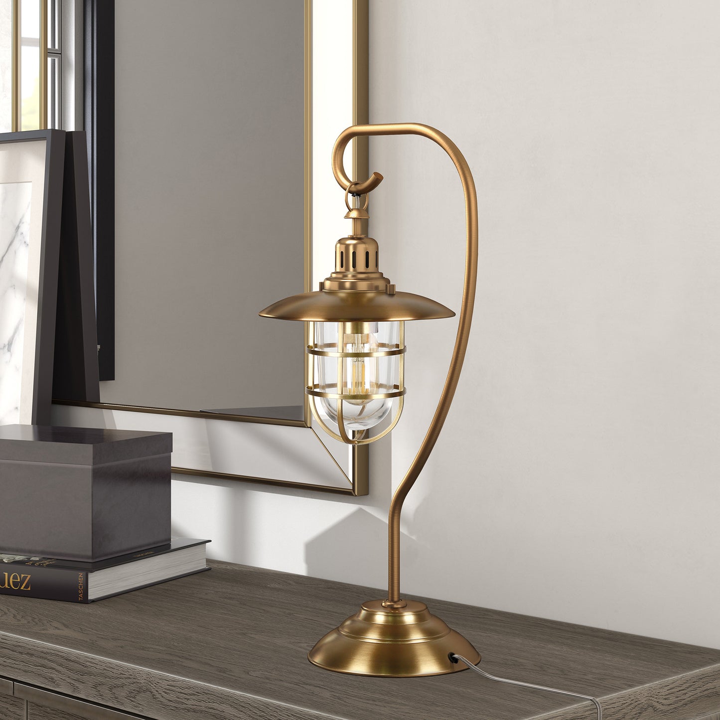 Antiqued Brass Table Lamp w/ Brass Cage Shade