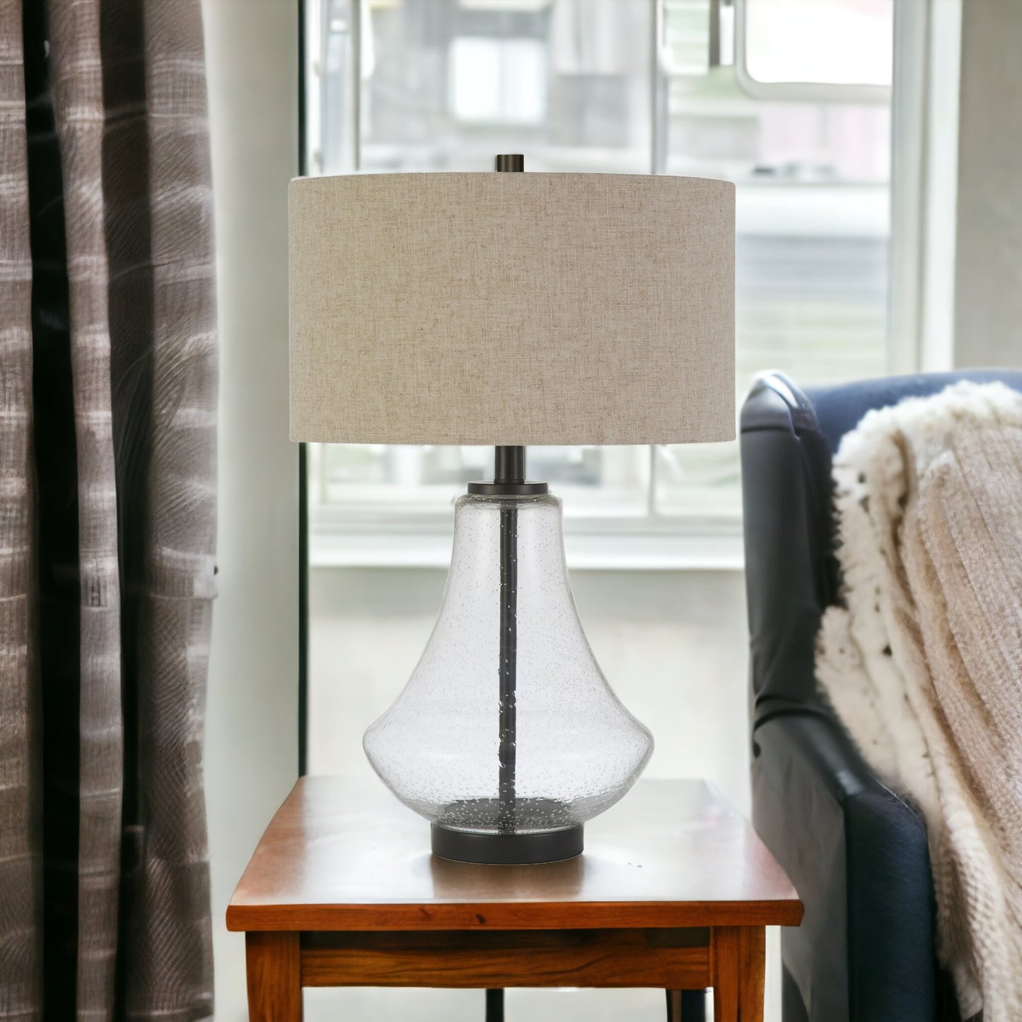 Black Glass Table Lamp w/ Flax Shade