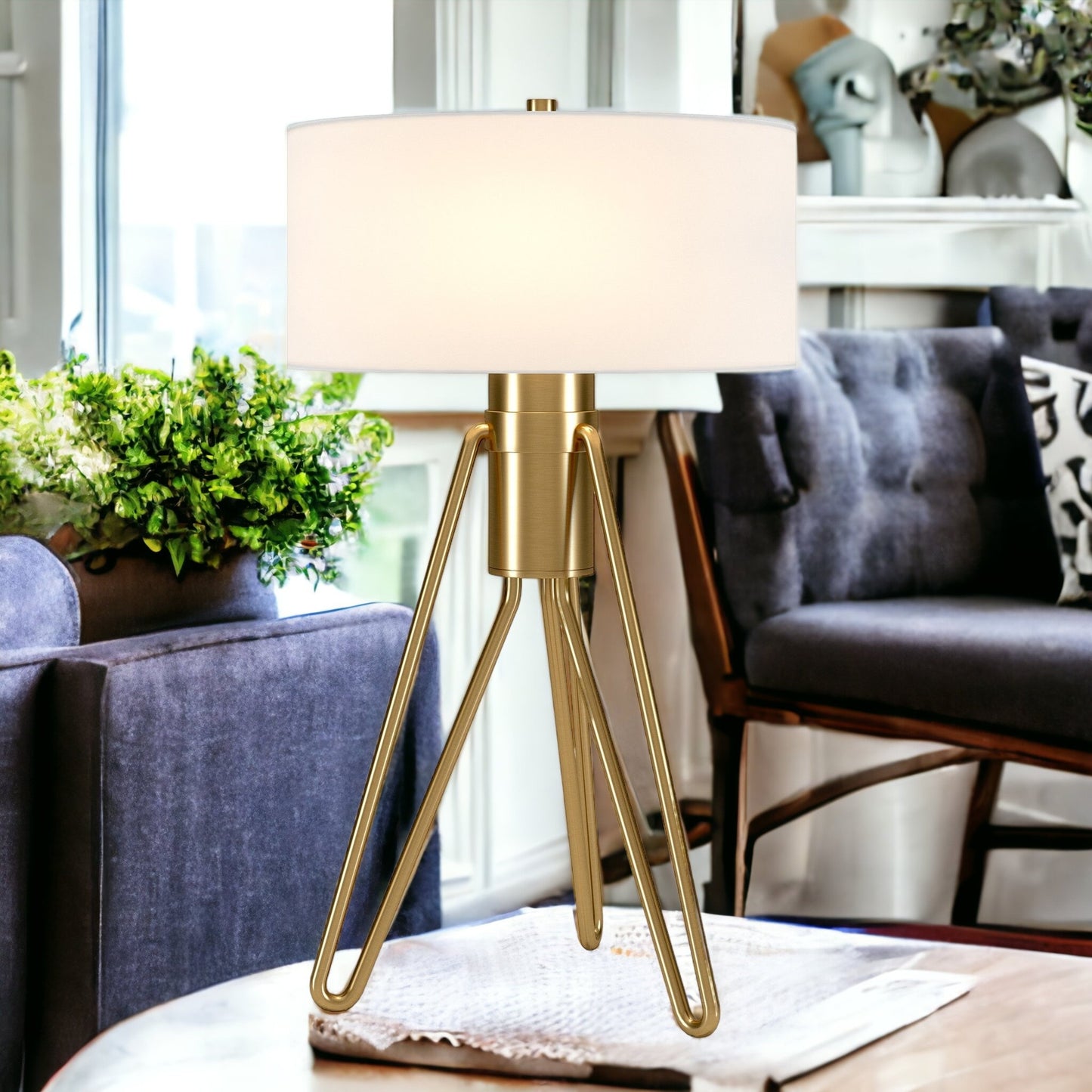 Brass Two Light Tripod Table Lamp w/ Shade