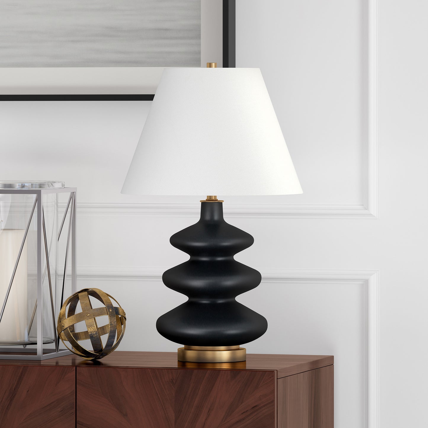 Black & Gold Glass Gourd Table Lamp w/ Shade