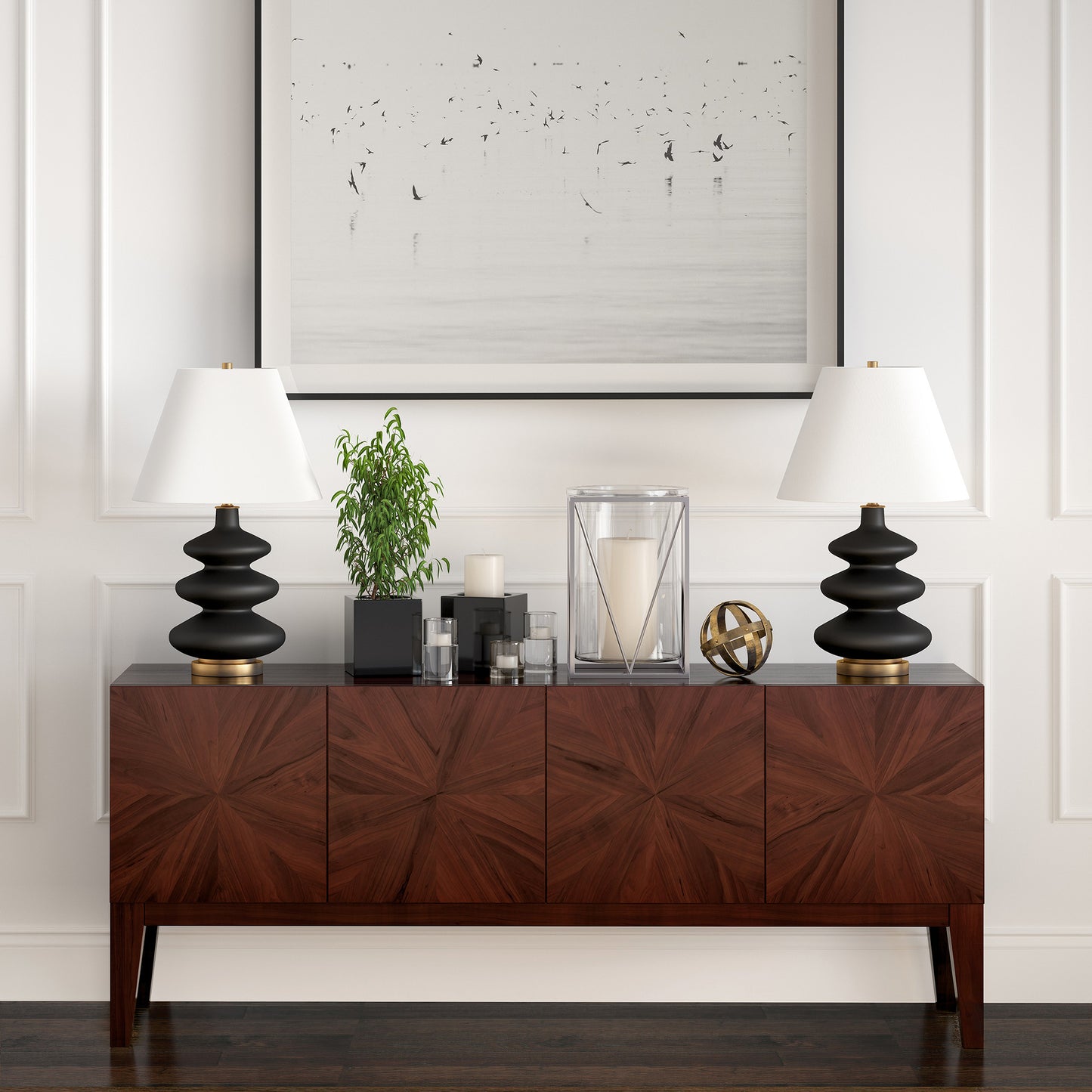 Black & Gold Glass Gourd Table Lamp w/ Shade