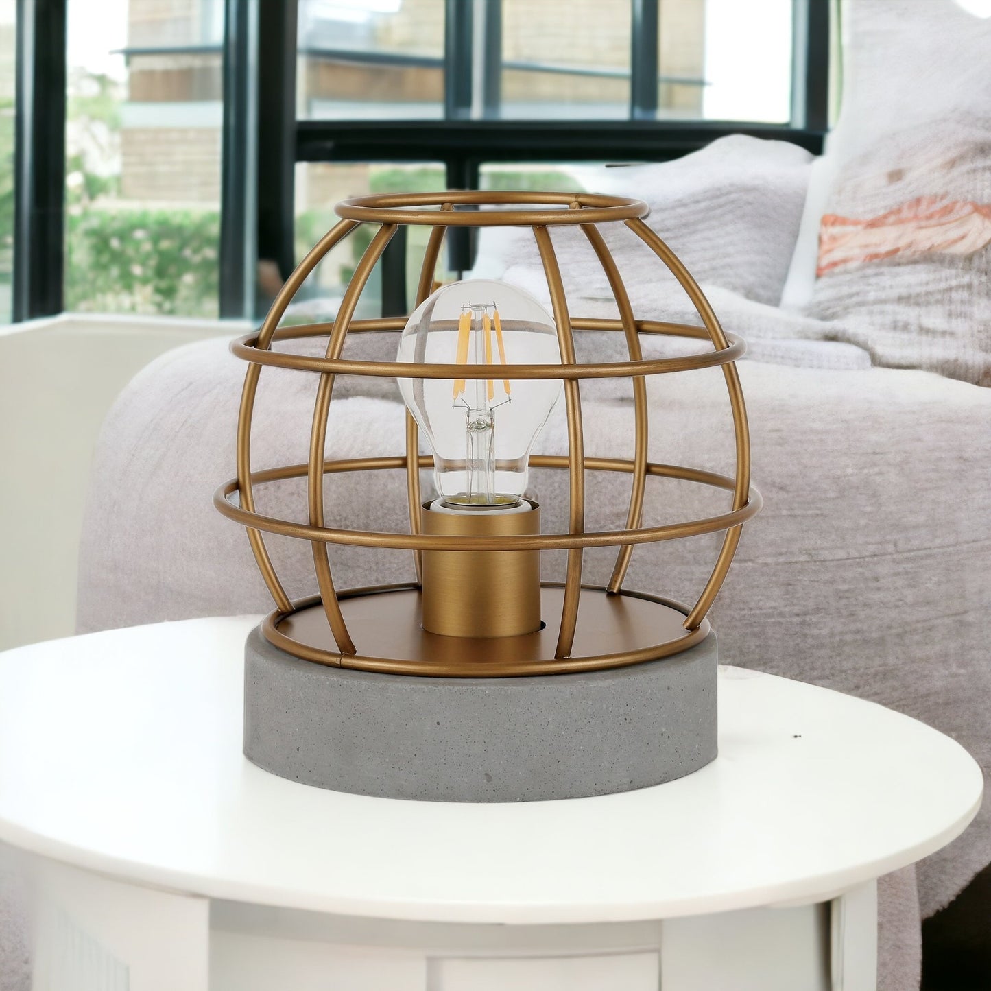 Gray Concrete Lantern Table Lamp w/ Brass Shade