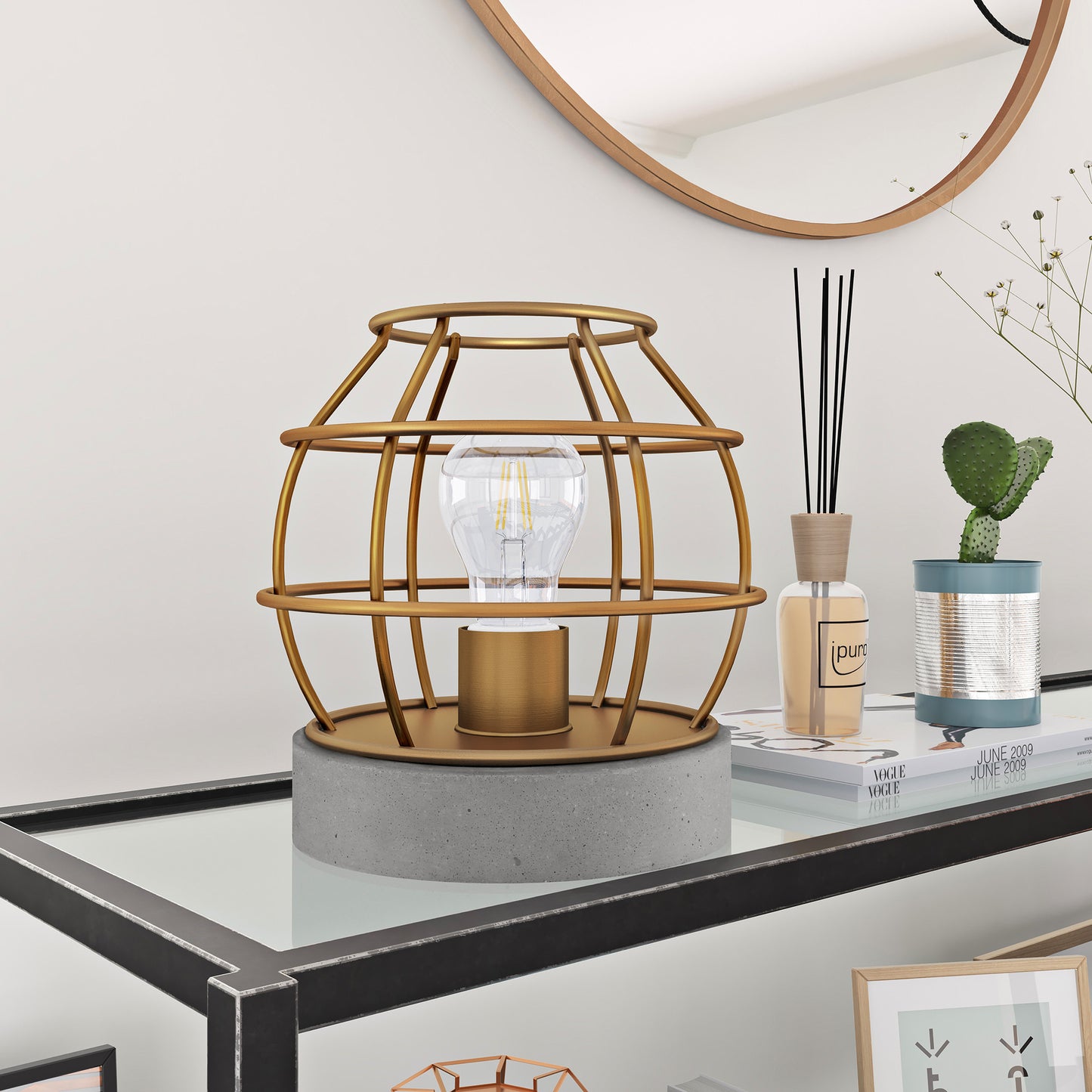 Gray Concrete Lantern Table Lamp w/ Brass Shade