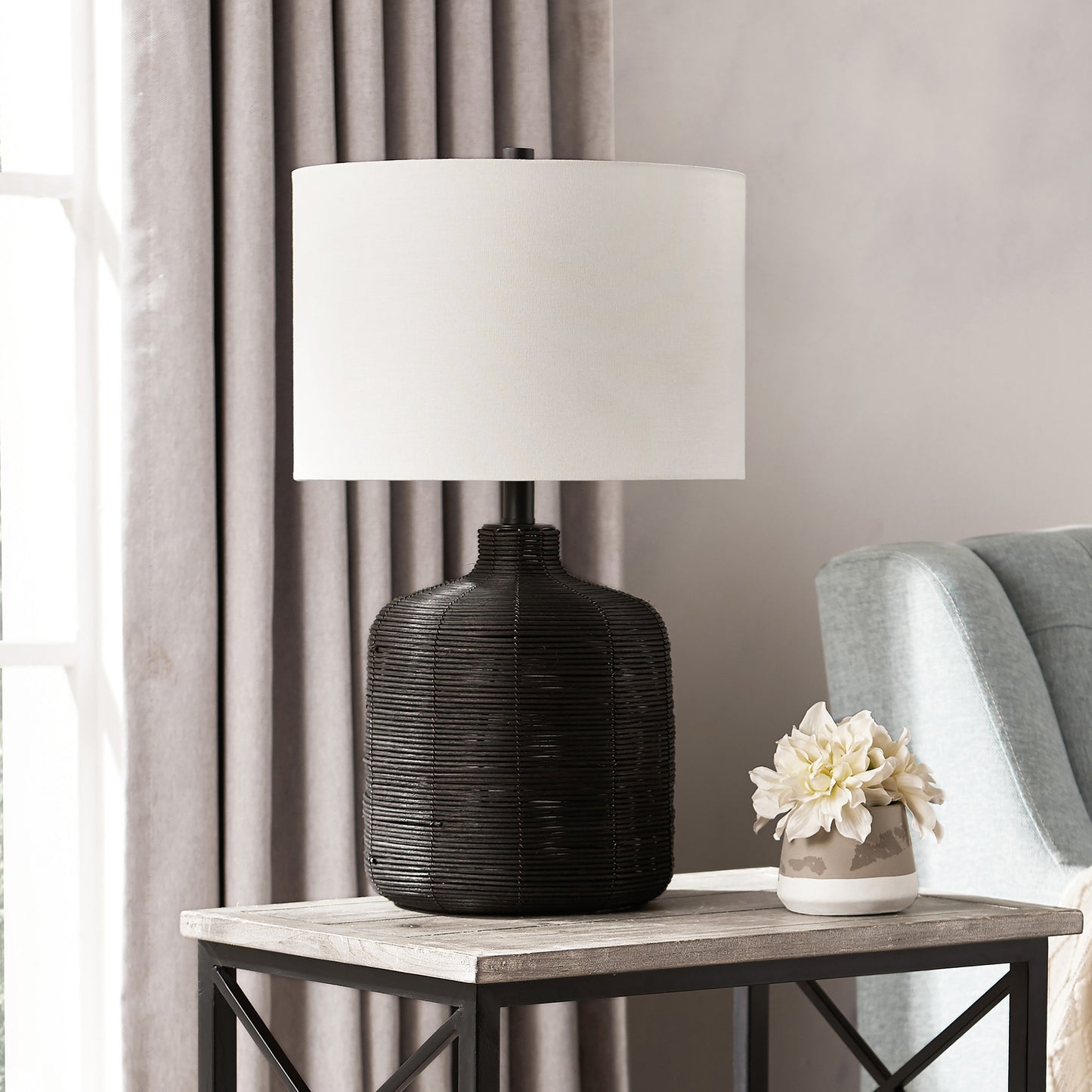 Black Rattan Table Lamp w/ Shade