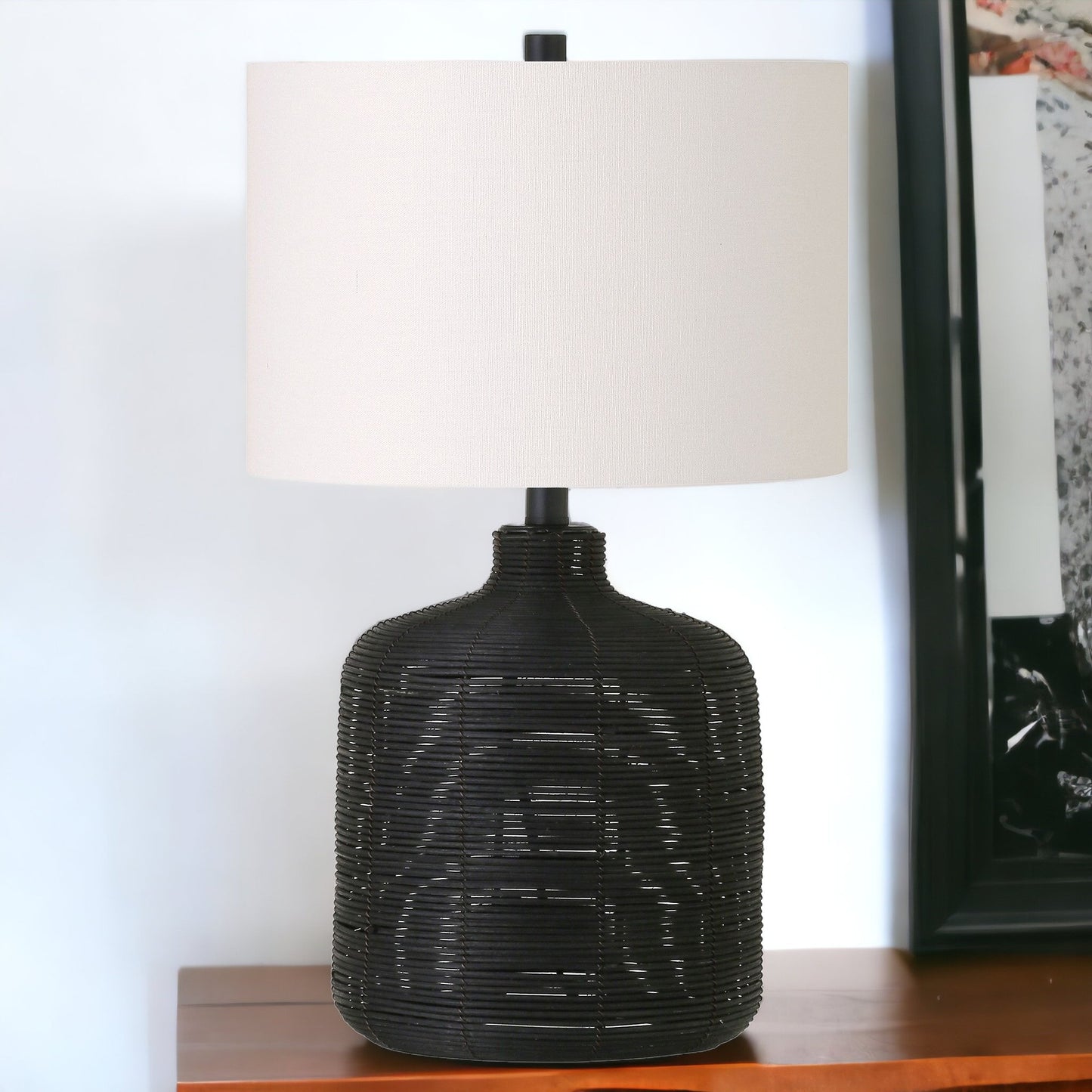 Black Rattan Table Lamp w/ Shade