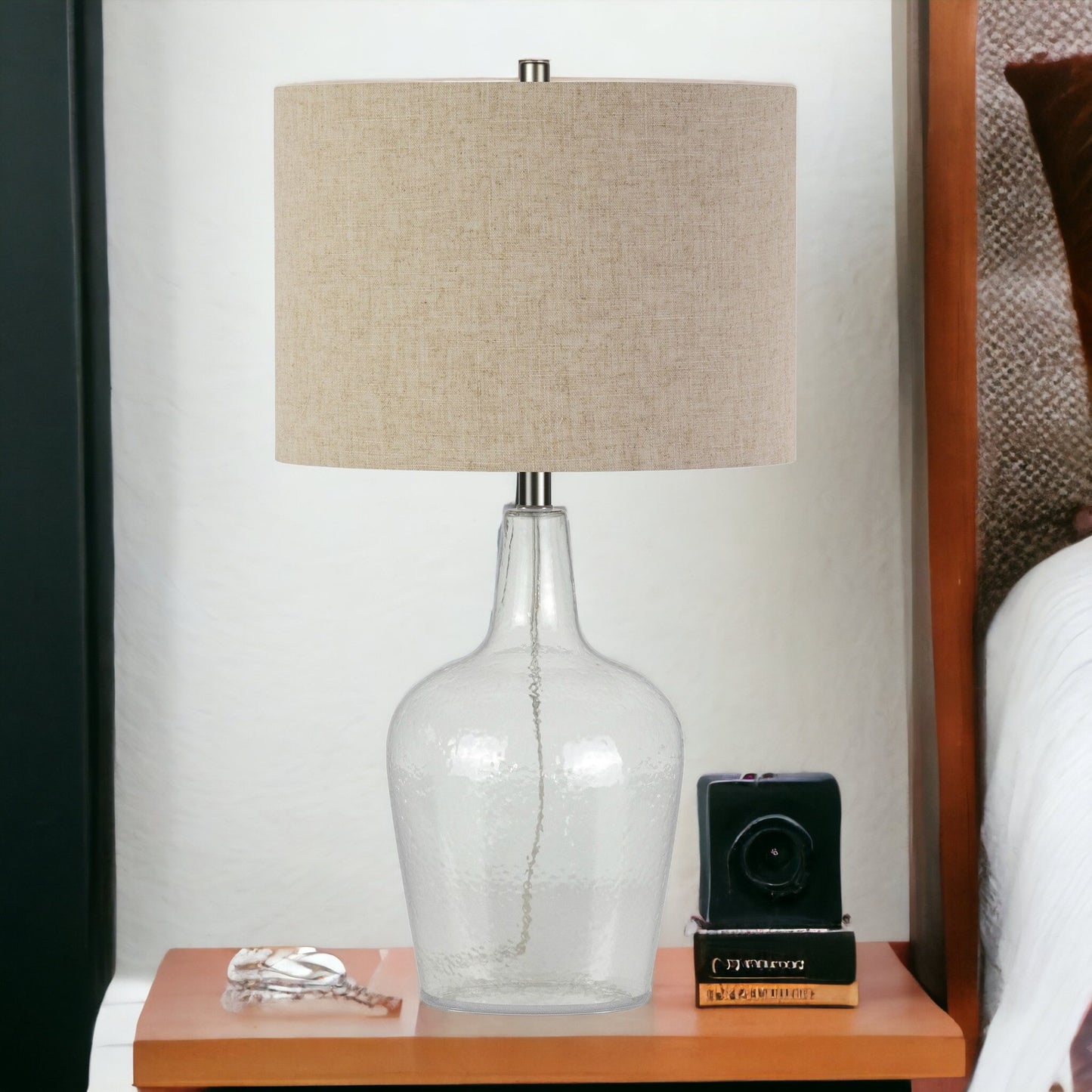 Clear Glass Gourd Table Lamp Coastal w/ Flax Shade