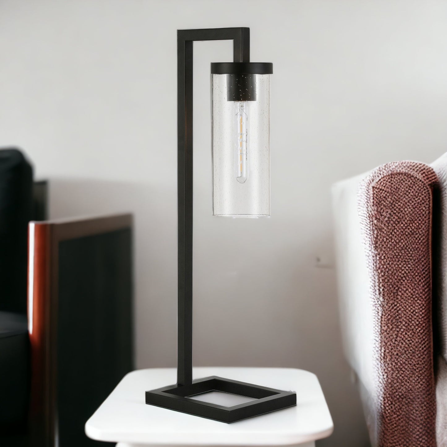 Black Table Lamp w/ Clear Seeded Shade