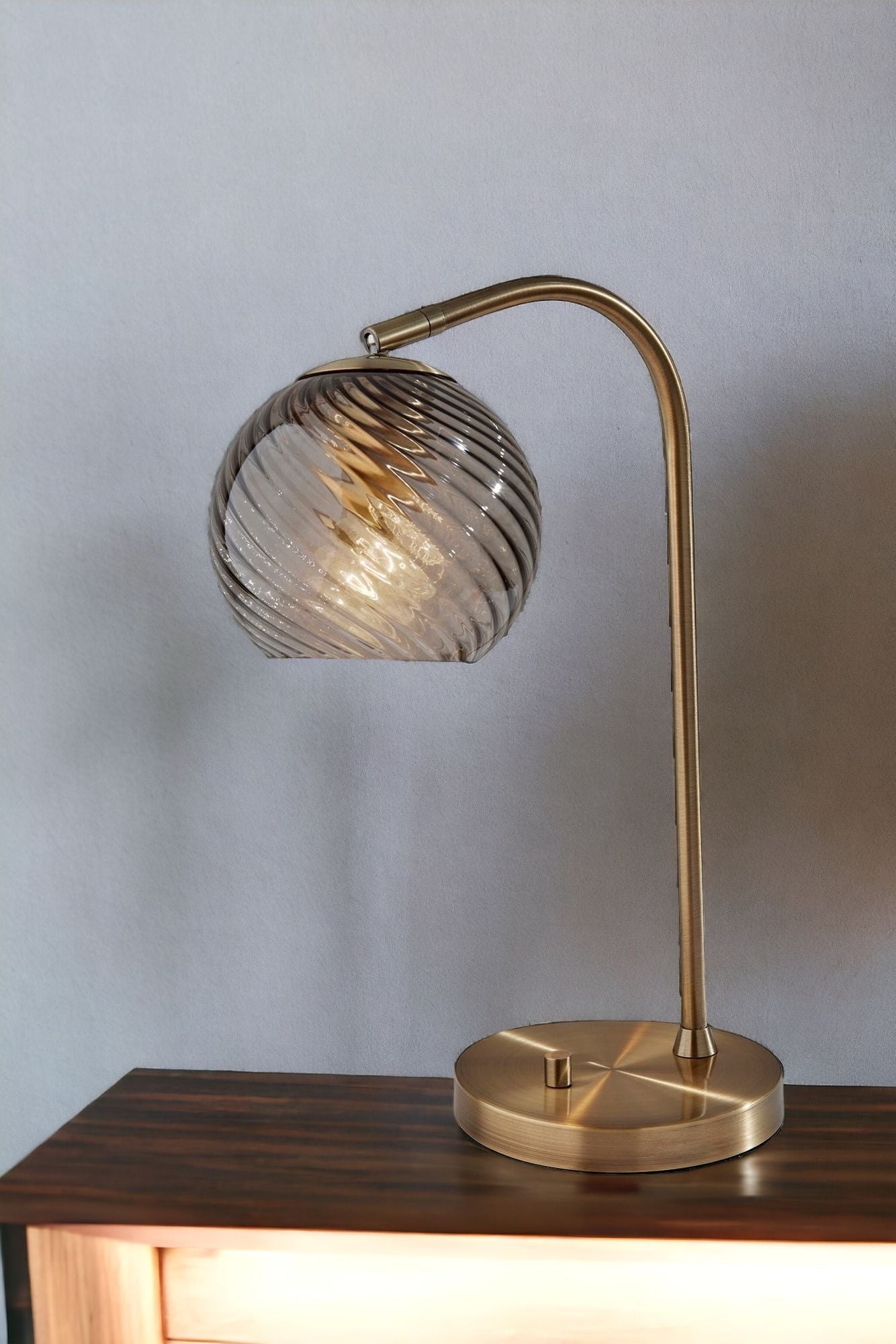 Antiqued Brass Desk Lamp w/ Light Gray Swirl Shade