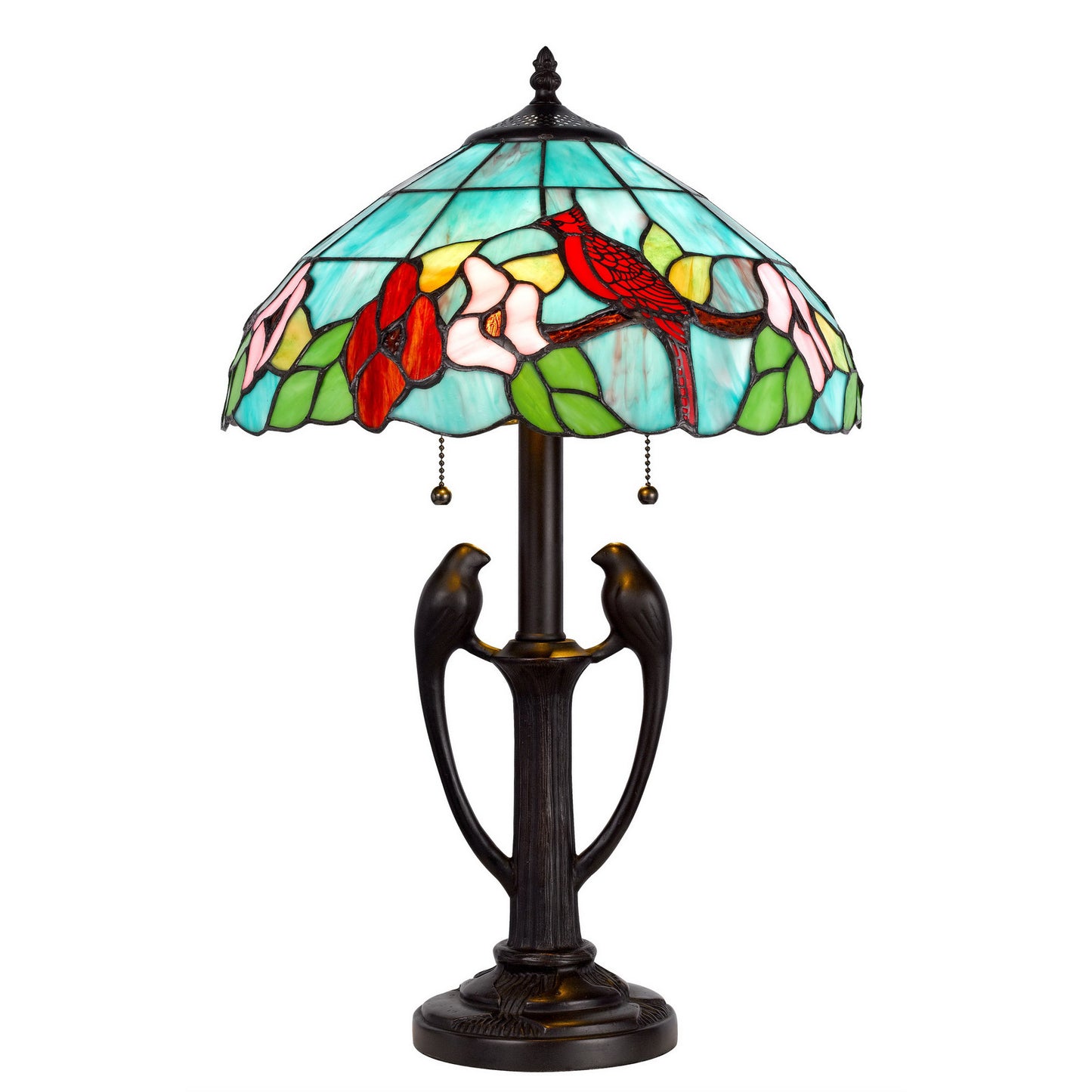 Bronze Two Light Tiffany Table Lamp w/ Aqua & Red Floral Shade