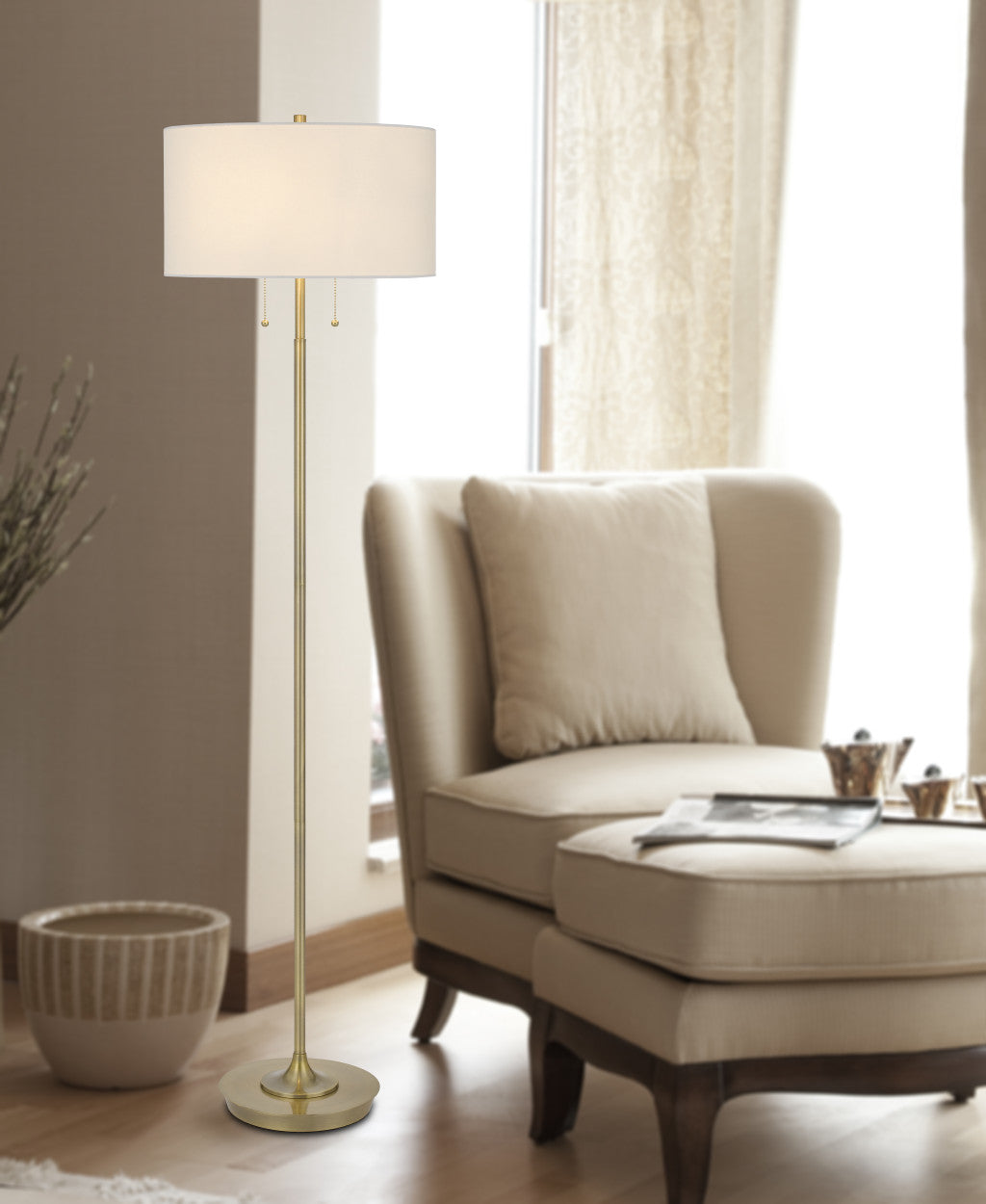 Brass 2-Light Floor Lamp w/ Shade
