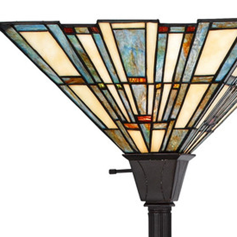 Bronze Torchiere Floor Lamp w/ Abstract Tiffany Glass Shade