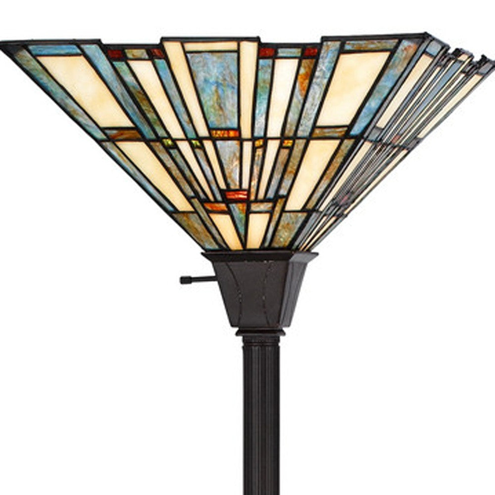 Bronze Torchiere Floor Lamp w/ Abstract Tiffany Glass Shade