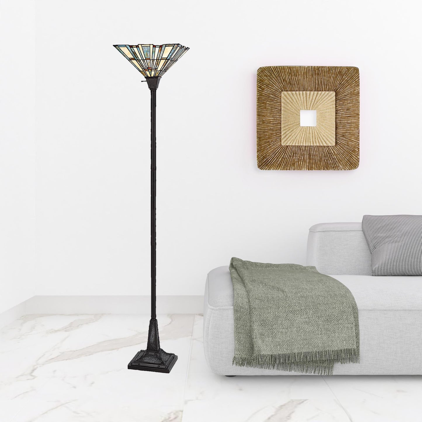 Bronze Torchiere Floor Lamp w/ Abstract Tiffany Glass Shade