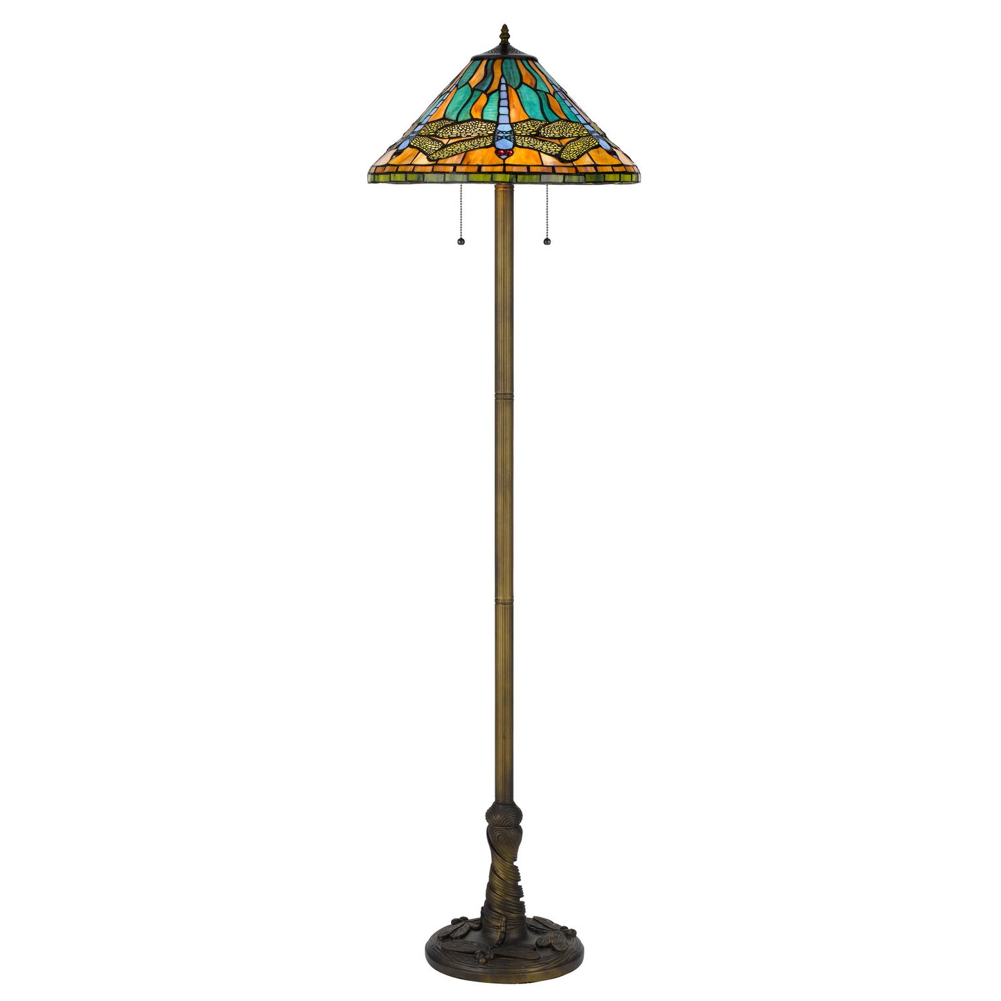 Brass 2-Light Floor Lamp w/ Dragonfly Tiffany Glass Shade