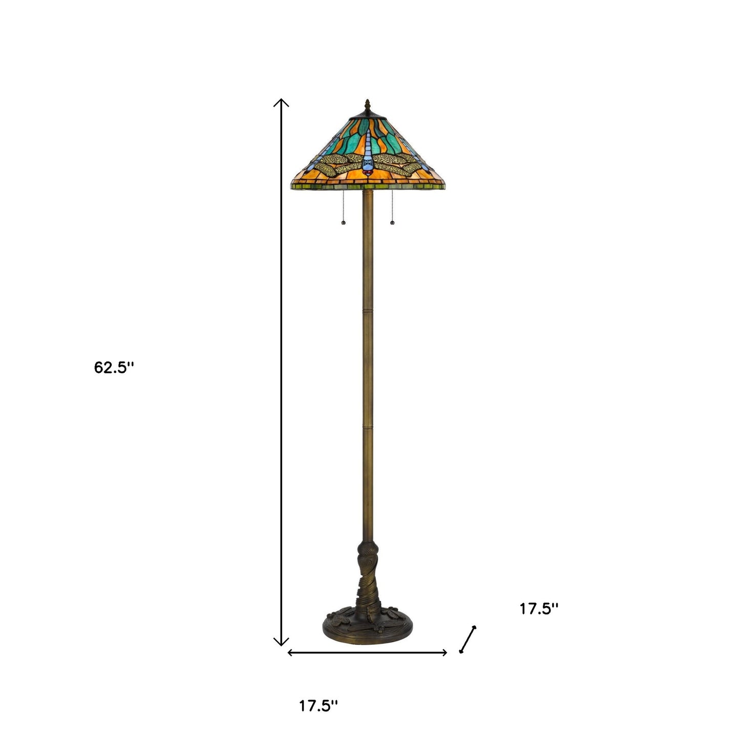 Brass 2-Light Floor Lamp w/ Dragonfly Tiffany Glass Shade