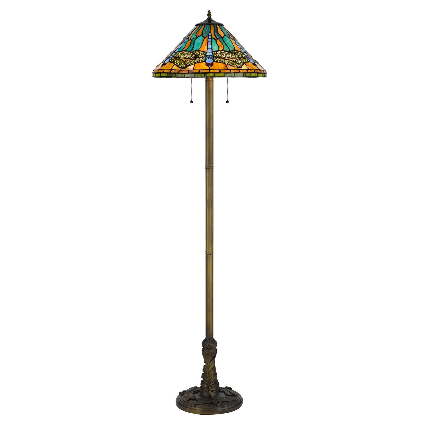 Brass 2-Light Floor Lamp w/ Dragonfly Tiffany Glass Shade