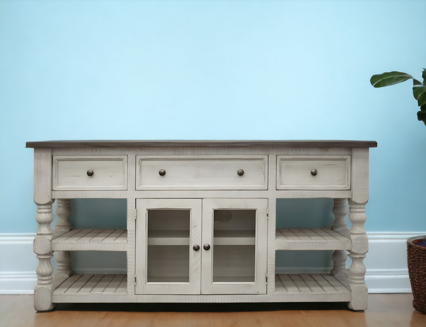 Ivory Solid Wood Distressed Media Console