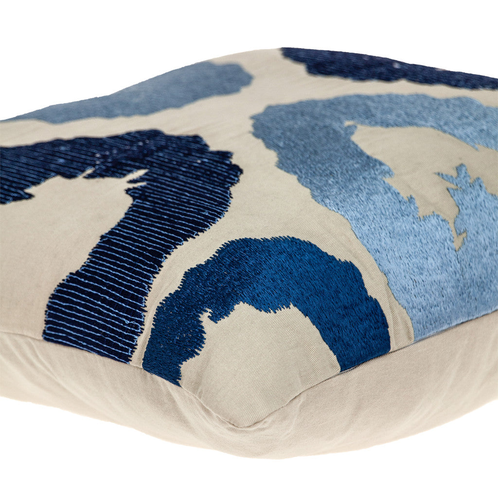 Beige & Blue Abstract Cotton Pillow w/ Embroidery