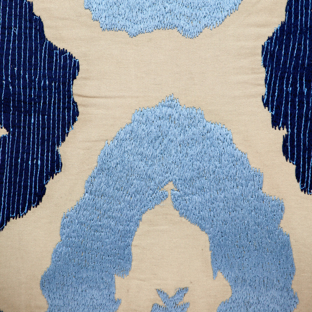 Beige & Blue Abstract Cotton Pillow w/ Embroidery
