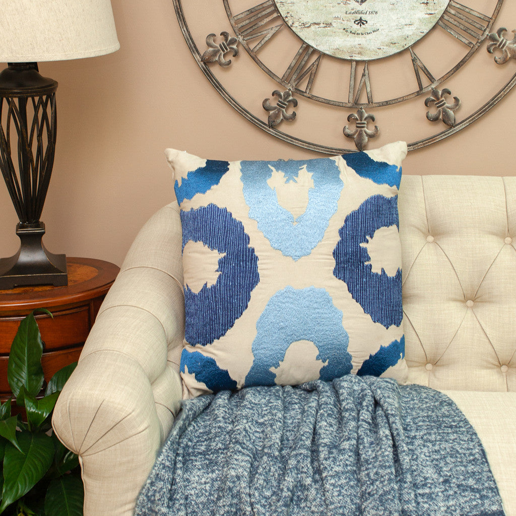 Beige & Blue Abstract Cotton Pillow w/ Embroidery