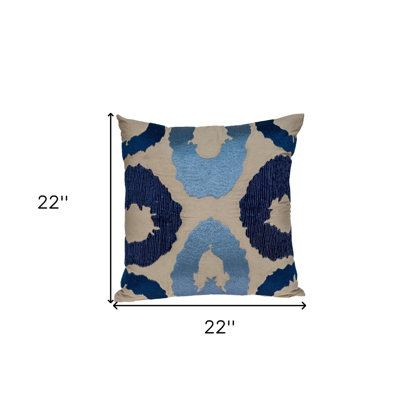 Beige & Blue Abstract Cotton Pillow w/ Embroidery