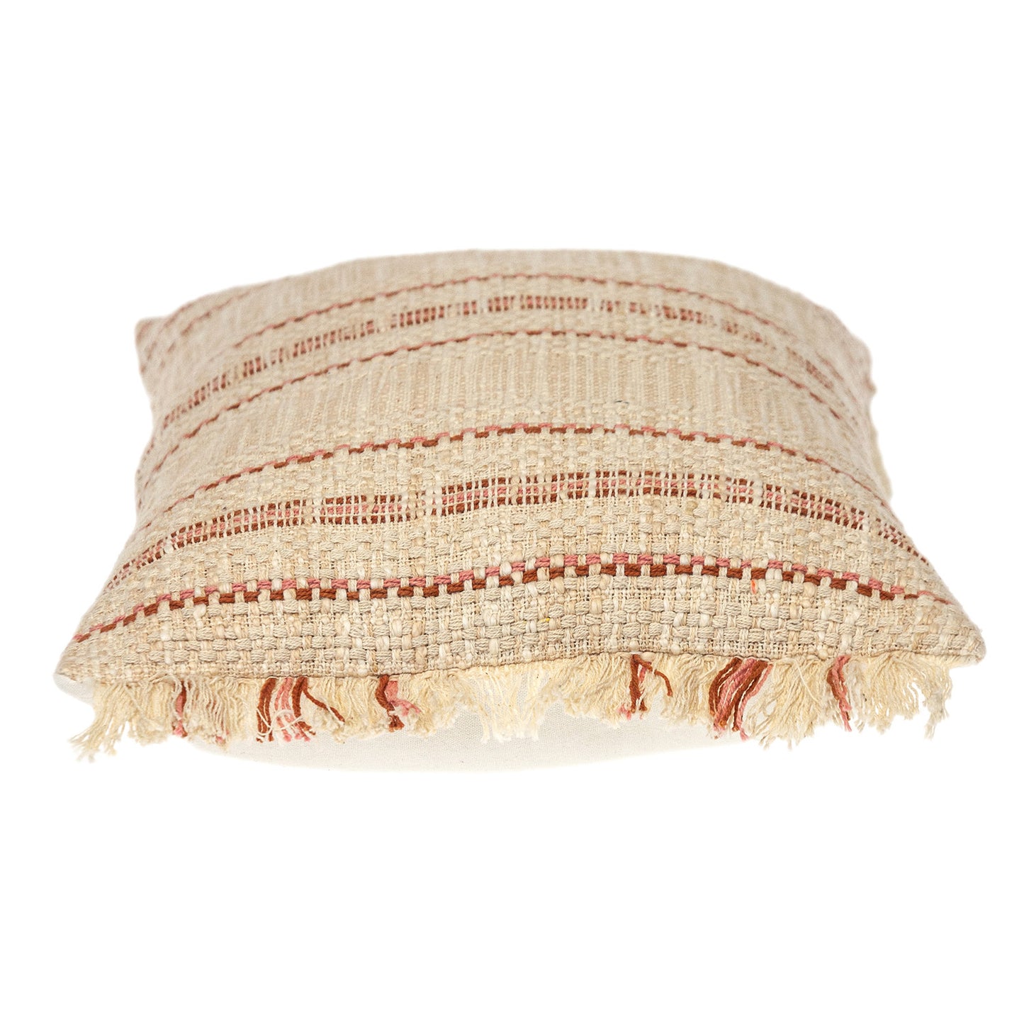 Beige & Pink Striped Cotton Pillow w/ Fringe