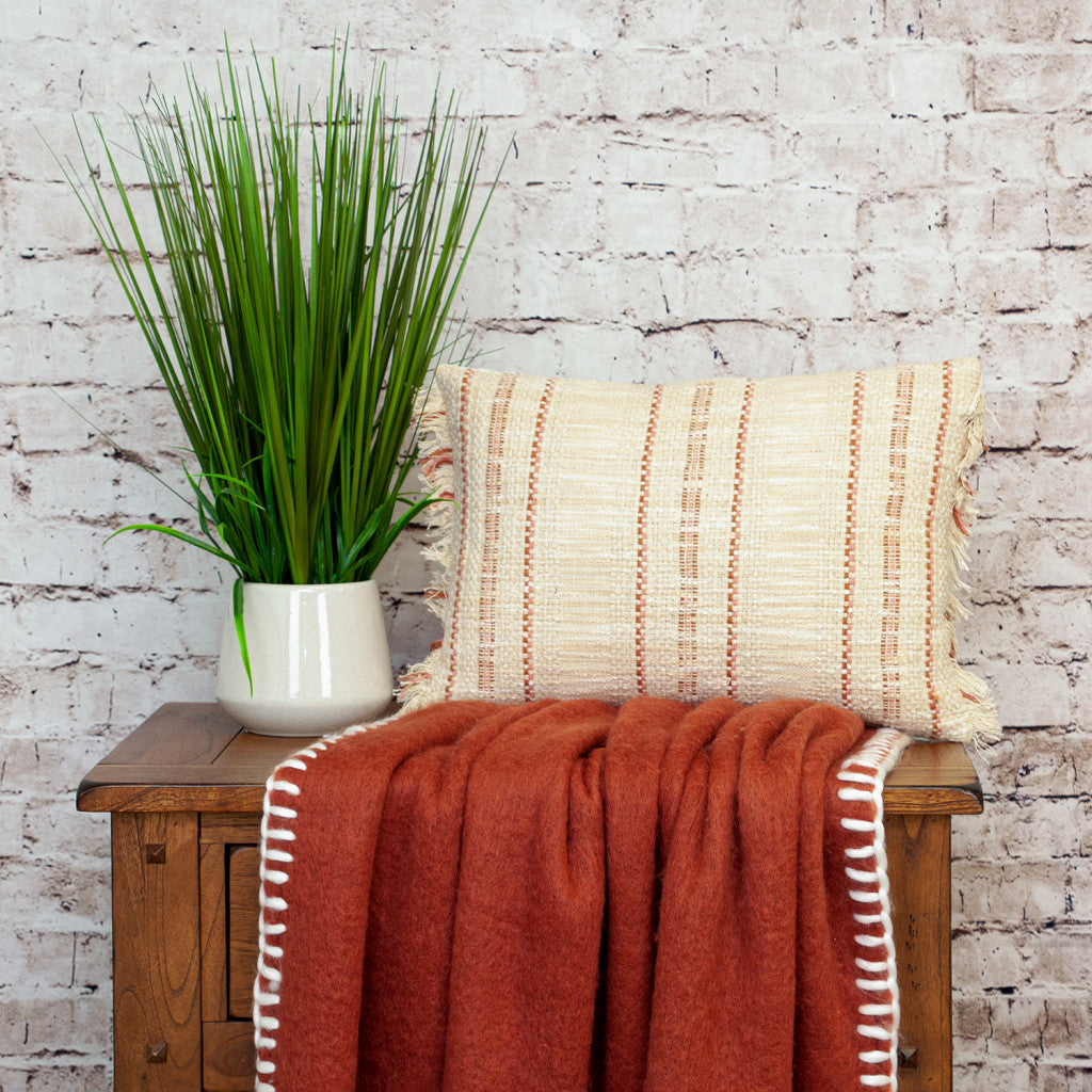Beige & Pink Striped Cotton Pillow w/ Fringe
