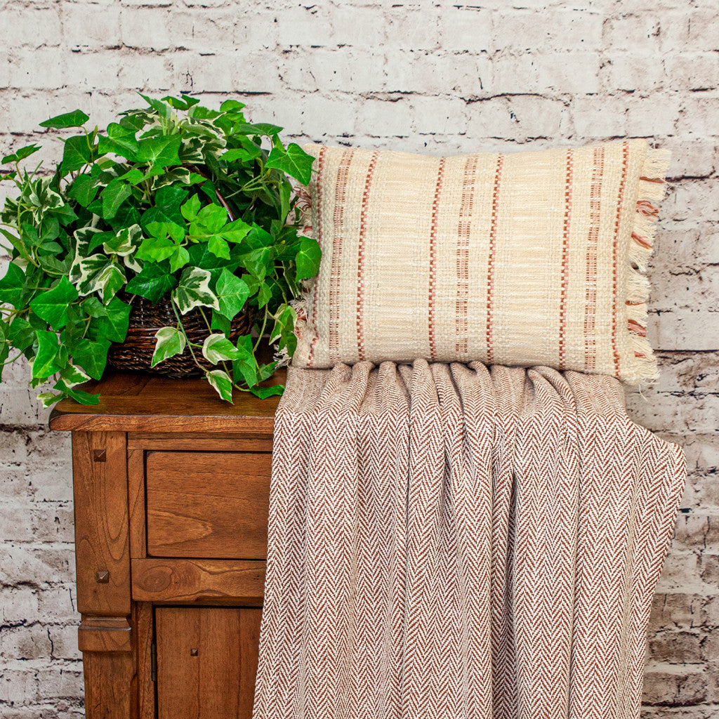 Beige & Pink Striped Cotton Pillow w/ Fringe