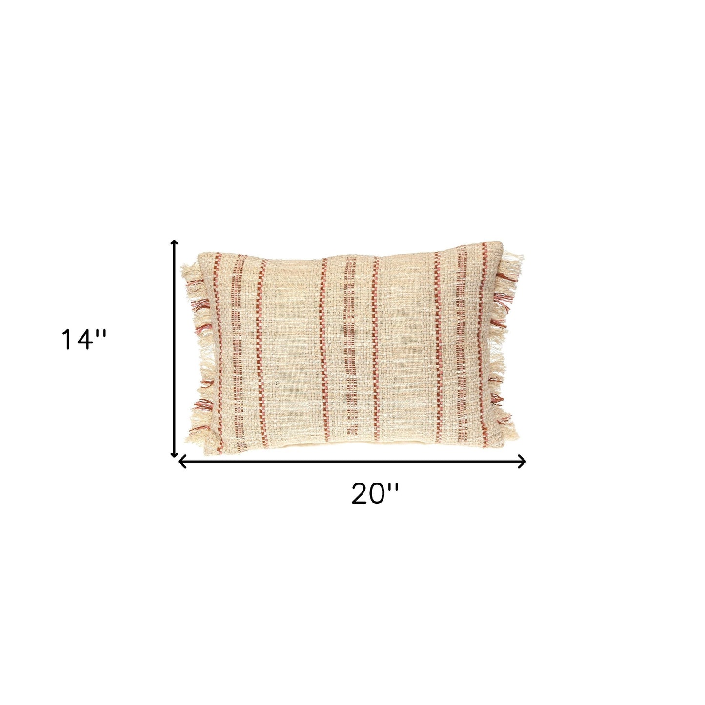 Beige & Pink Striped Cotton Pillow w/ Fringe