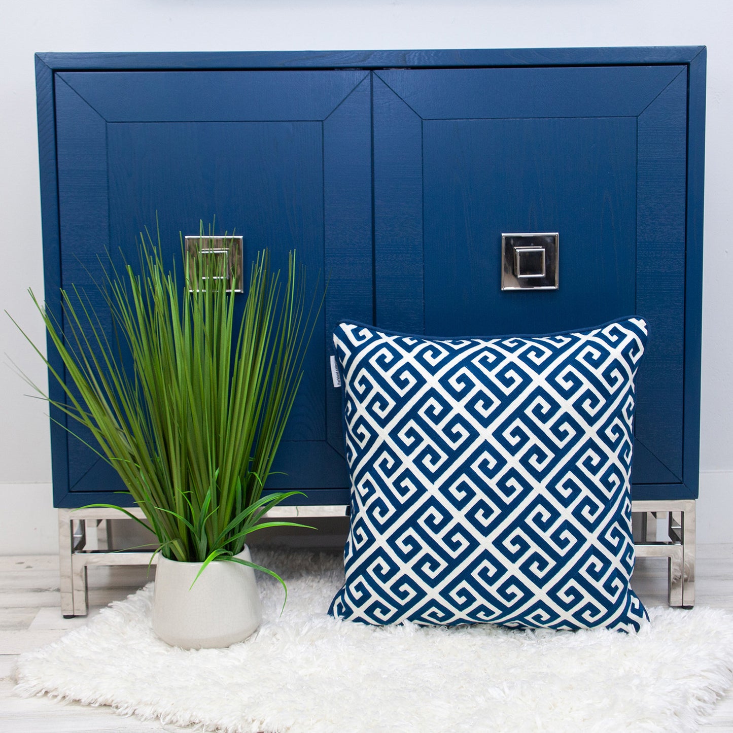 Blue Greek Key Cotton Pillow