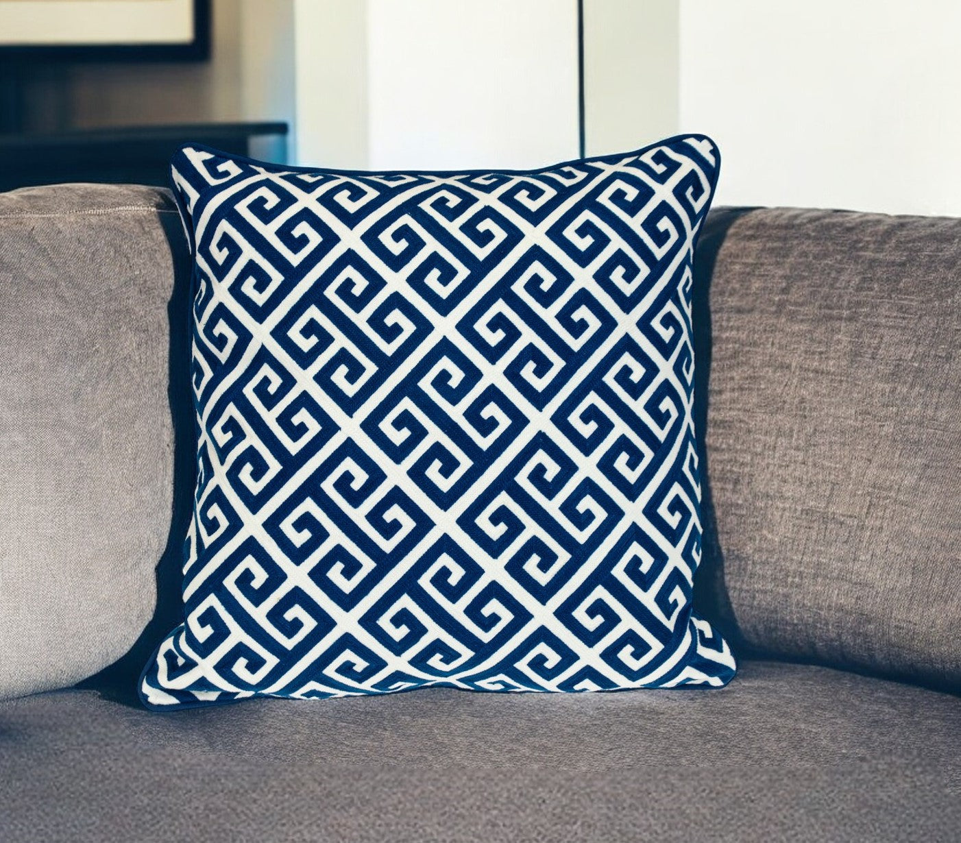 Blue Greek Key Cotton Pillow