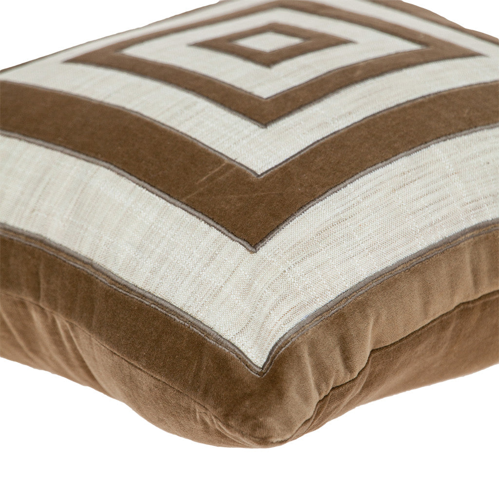 Beige & Brown Geometric Cotton Blend Pillow w/ Embroidery