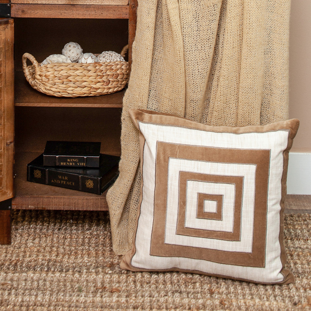 Beige & Brown Geometric Cotton Blend Pillow w/ Embroidery