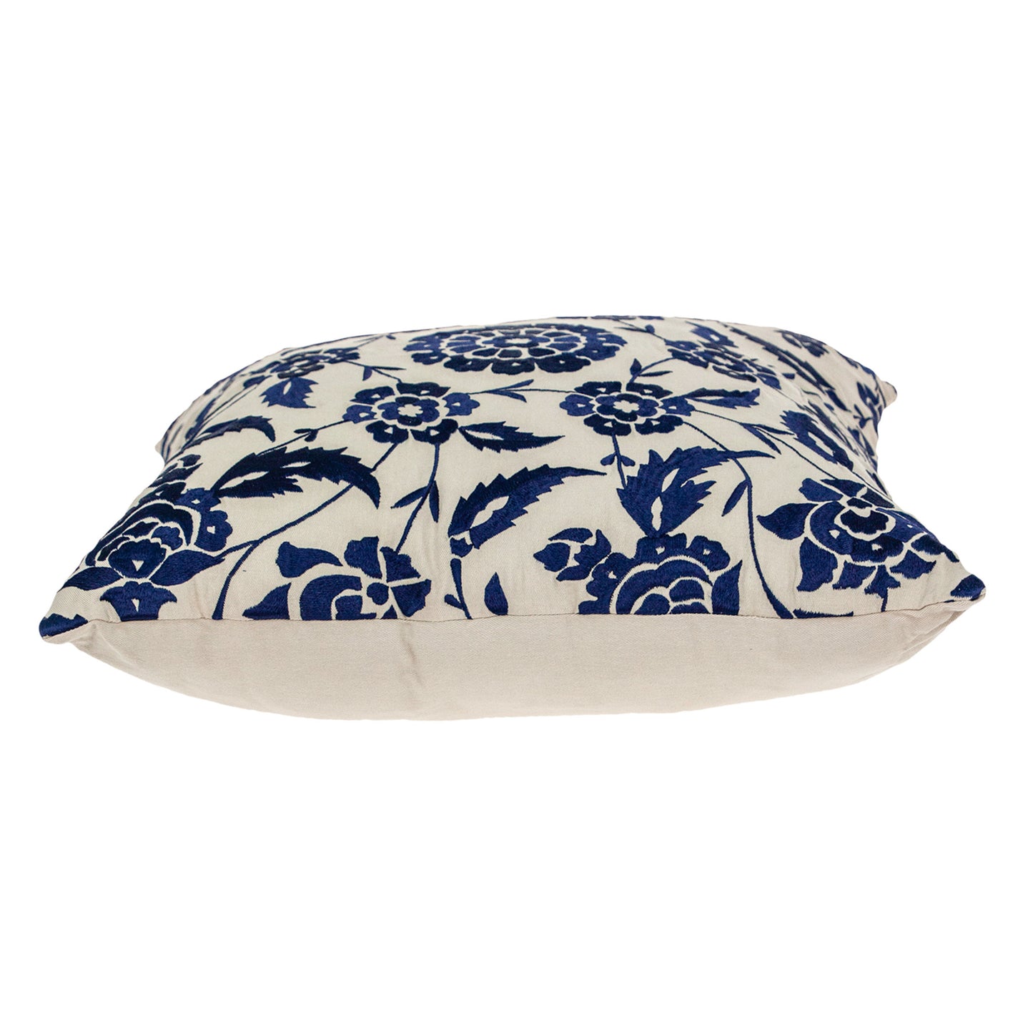 Beige & Blue Floral Cotton Pillow w/ Embroidery