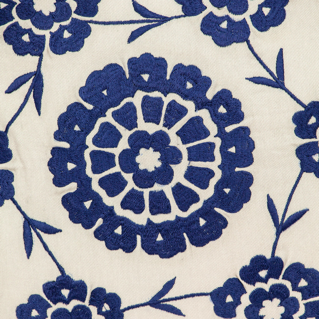 Beige & Blue Floral Cotton Pillow w/ Embroidery