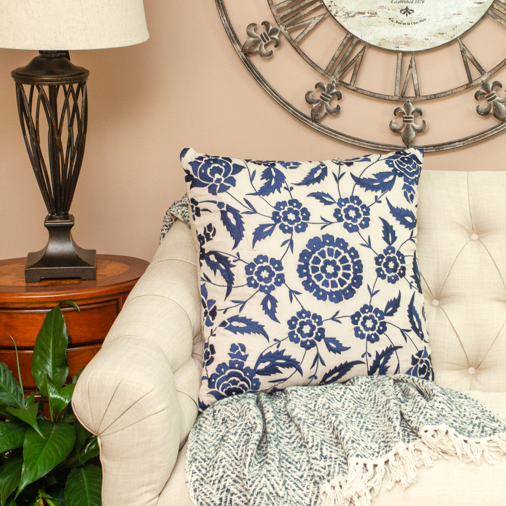 Beige & Blue Floral Cotton Pillow w/ Embroidery